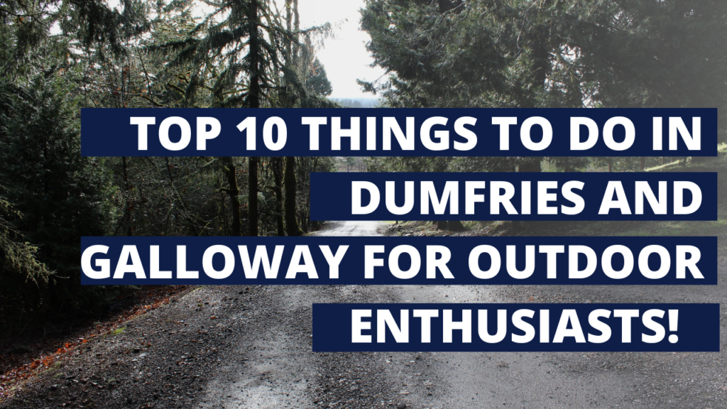 A forest pathway in Dumfries and Galloway with bold text overlay reading 'Top 10 Things to Do in Dumfries and Galloway for Outdoor Enthusiasts!